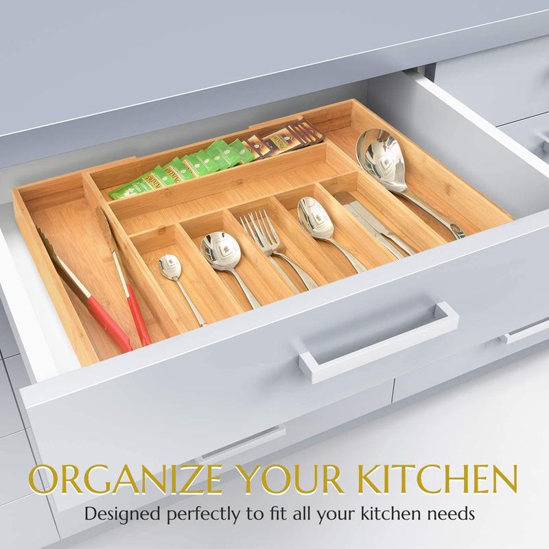 Bamboo Expandable Utensil Drawer Organizer, Premium Bamboo for Cutlery, Flatware, Silverware - Drawer Dividers for Easy Storage (7-9 Slots)