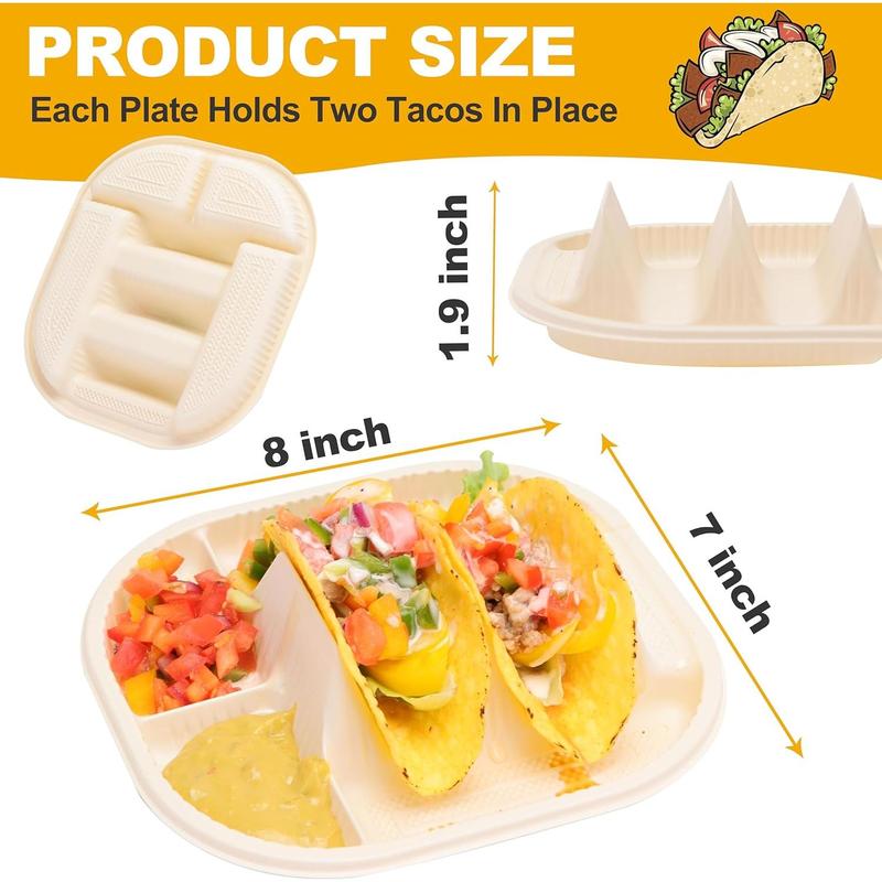 50 count Small Disposable Taco Plates for Party, Cornstarch Taco Holders with 2 Dipping Areas, Hold for 2 Tacos, Square Fiesta Taco Trays for Taco Night, Microwave Safe Lightweight