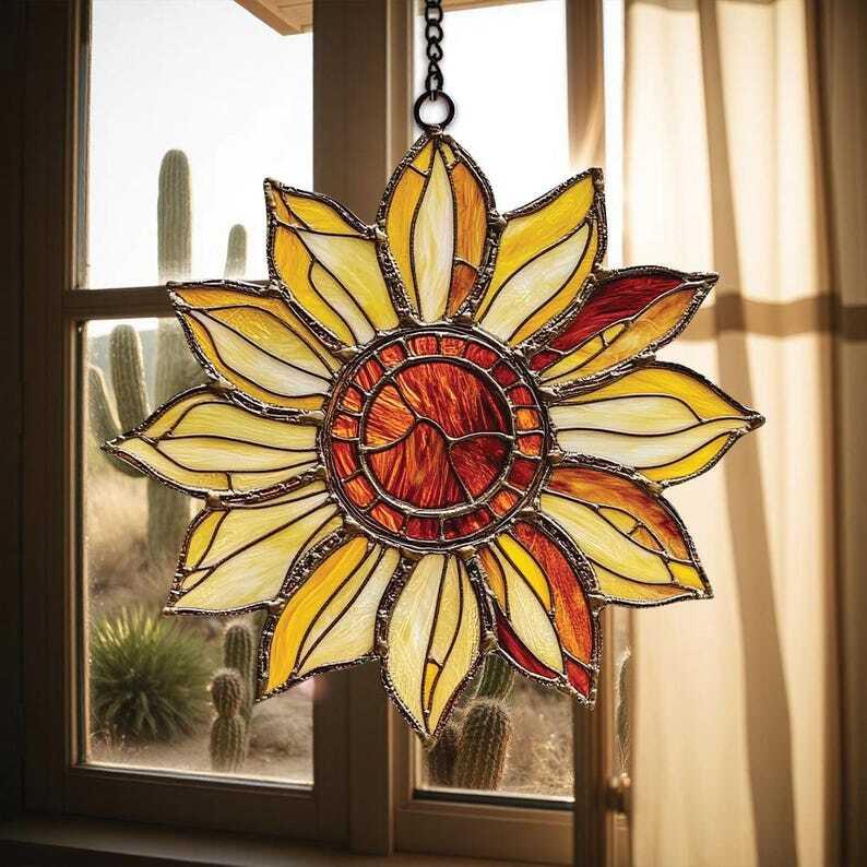 Sunflower Flower Suncatcher, Window Hanging, Sunflower Garden Ornament, Floral Faux Stained Glass, Gift for Mom Birthday Gift Home Decor