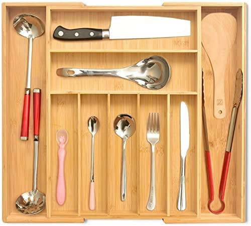 Bamboo Expandable Utensil Drawer Organizer, Premium Bamboo for Cutlery, Flatware, Silverware - Drawer Dividers for Easy Storage (7-9 Slots)