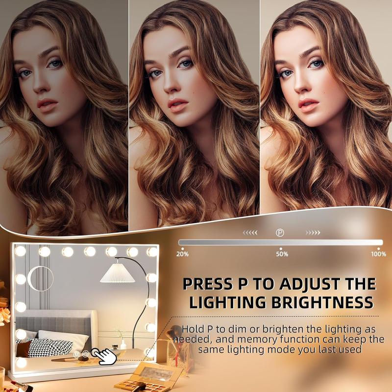 Vanity Mirror with Lights, 22''x18'' Hollywood Mirror, Makeup Mirror with 15 Dimmable Bulbs, 10X Magnification and USB Charging Port, White