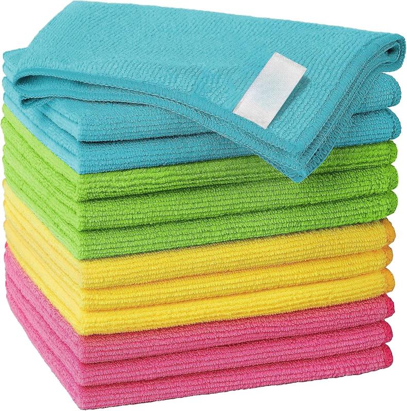 Microfiber Cleaning Cloth, Pack of 12 Cleaning Rag, Super Absorbent and Lint Free Cleaning Towels with 4 Color Assorted, 12