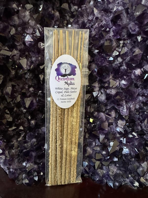 White Sage, Maya Copal, Palo Santo & Lotus, Handmade Artisanal Incense Sticks - Set of 12, Bamboo Charcoal