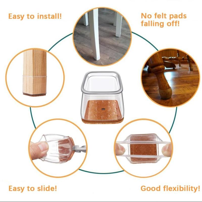 Clear Chair Leg Cover, 16pcs Silicone Square Chair Leg Protector, Anti-slip Noise Reduction Chair Leg Cover for Hard Wood Floor