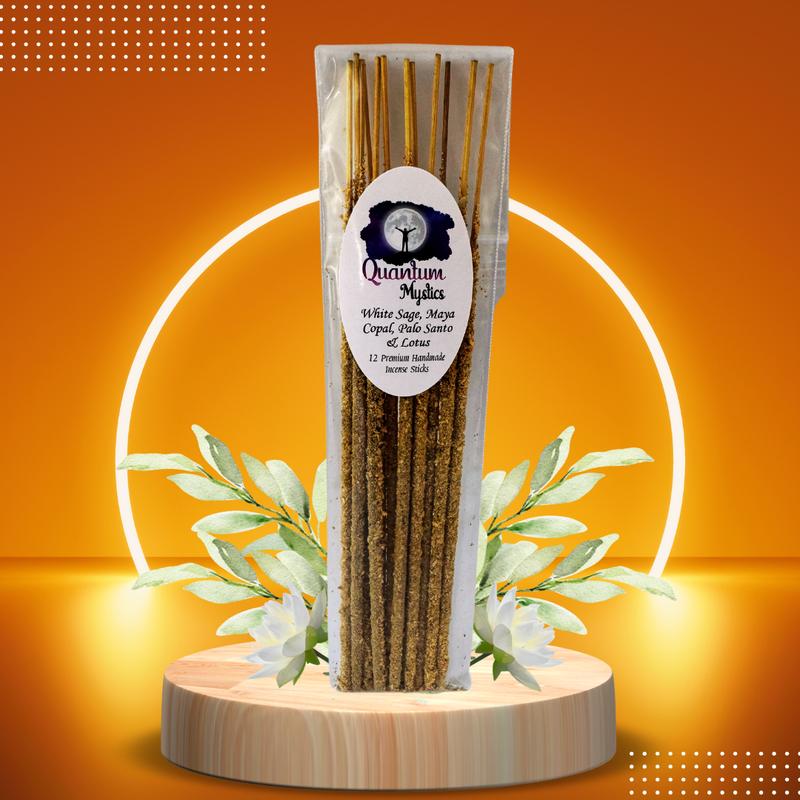 White Sage, Maya Copal, Palo Santo & Lotus, Handmade Artisanal Incense Sticks - Set of 12, Bamboo Charcoal