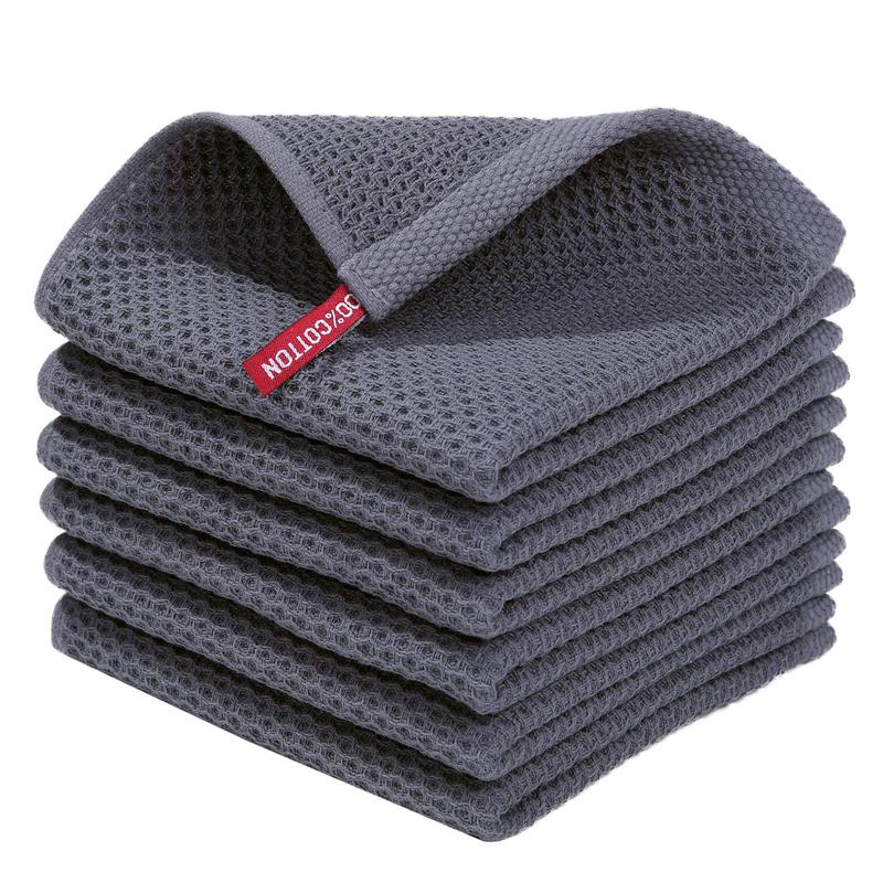 100% Cotton Waffle Weave Kitchen Dish Cloths, Ultra Soft Absorbent Quick Drying Dish Towels, 12x12 Inches, 6-Pack, Dark Grey