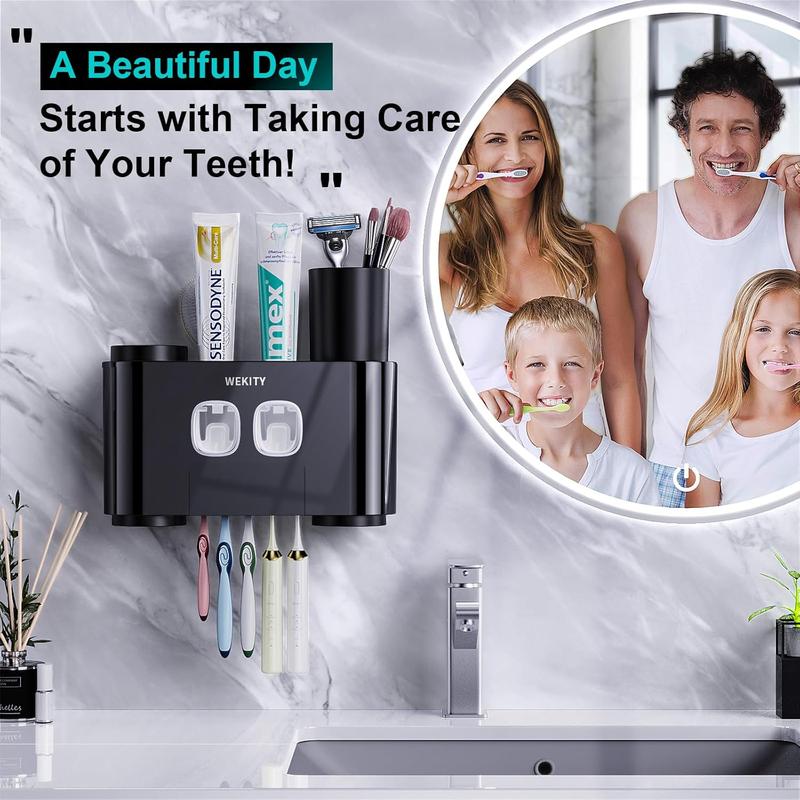 Toothbrush Holder Wall Mounted, Multi-Functional Toothbrush Holder,Toothpaste Dispenser for Bathroom with 5 Toothbrush Slots, 2 Toothpaste Squeezers and 4 Cups