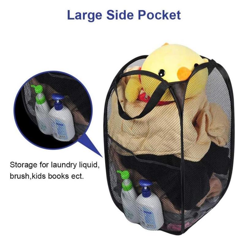 Mesh Pop Up Laundry Hamper, Collapsible Laundry Basket with Portable Handles, Folding Clothes Hampers with Side Pocket for Home, College Dorm Or Travel