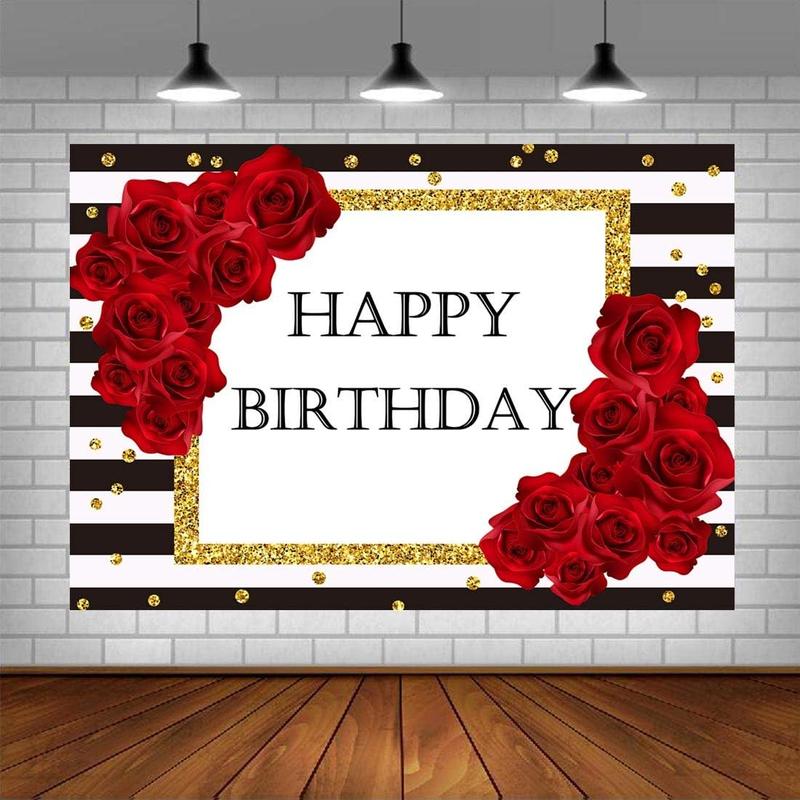 Happy Birthday Backdrop Black and White Stripes Red Rose Party Photography Background 5x3ft Gold Dots Birthday Party Decorations Supplies Banner Photo Booth Props