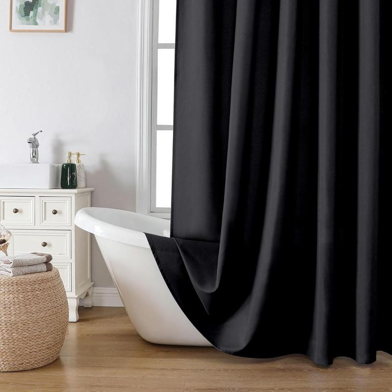 Solid Black Shower Curtain for Bathroom, Fabric Shower Curtain- Soft Cloth & Hotel Spa Quality, Water Repellent, Machine Washable Shower Curtain Set with 12 Hooks, Grommets Top, 72Wx72L