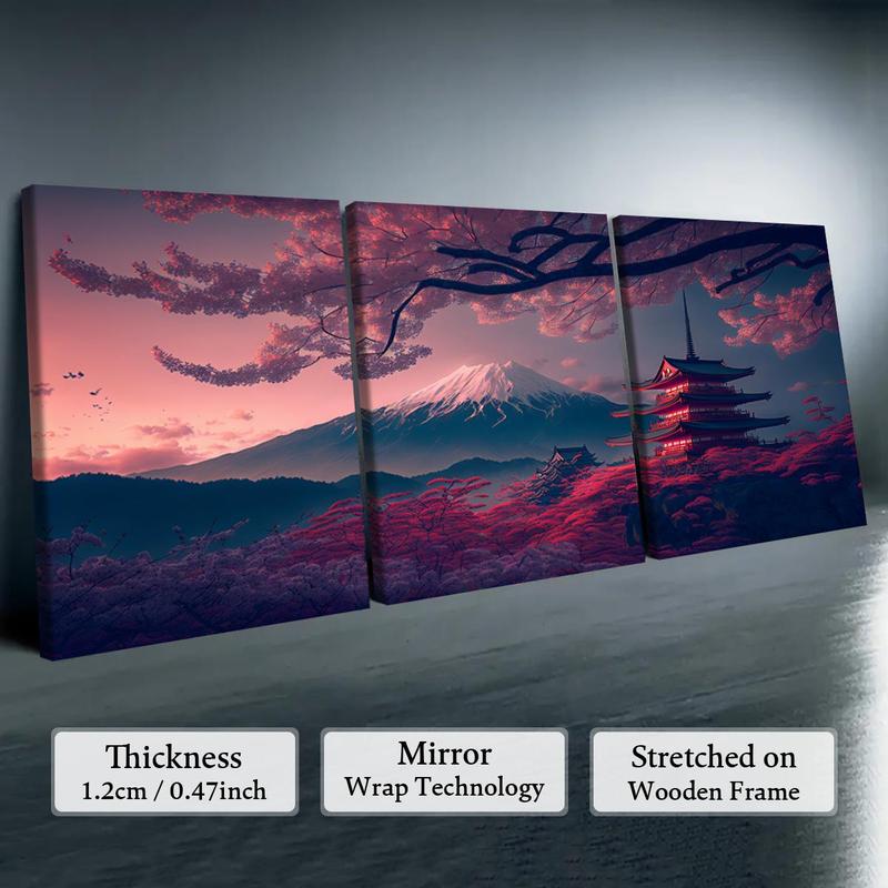 Wooden Framed Canvas Painting, 3 Counts set Japanese Style Scenery Canvas Poster, Modern Art Wall Decoration, Home Canvas Art Wall Decor, Wall Art Painting  Room Decor