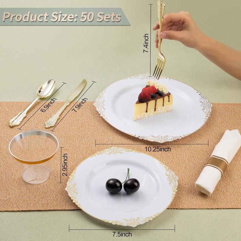 350 count  Plastic Plates for 50 Guests, Disposable Dinnerware Sets Include 100  Rim Plastic Plates, 50 Silverware, 50 Pre Rolled Napkins for Party, Wedding & Decor