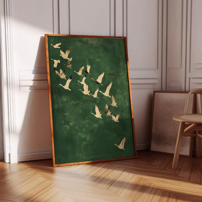 Green And Gold Japanese Wall Art · Cranes Japanese Print · Emerald Green Decor · Maximalist Wall Art | Poster No Frame | Eclectic Decor, Large Wall Art Birds