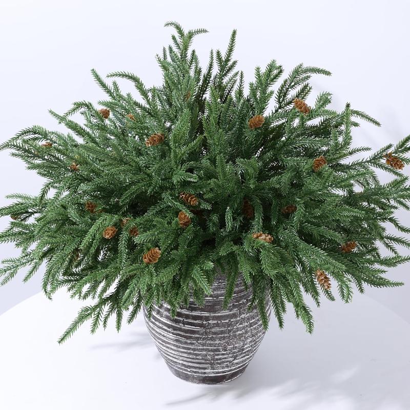 Artificial Christmas Norfolk Pine Stems Branches for Vases, 12 Bundles Fake Faux Evergreen Green Real Feel Touch Stem Greenery with Pine Cones for Xmas Holiday Winter Table Indoor Decoration