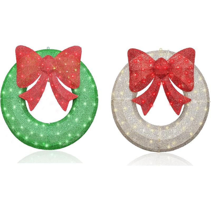 Recaceik 35in Lighted Outdoor Christmas Wreath Decoration Set of 2, Front Door Lighted Wreath Decorations for Christmas Home Yard, Green+White