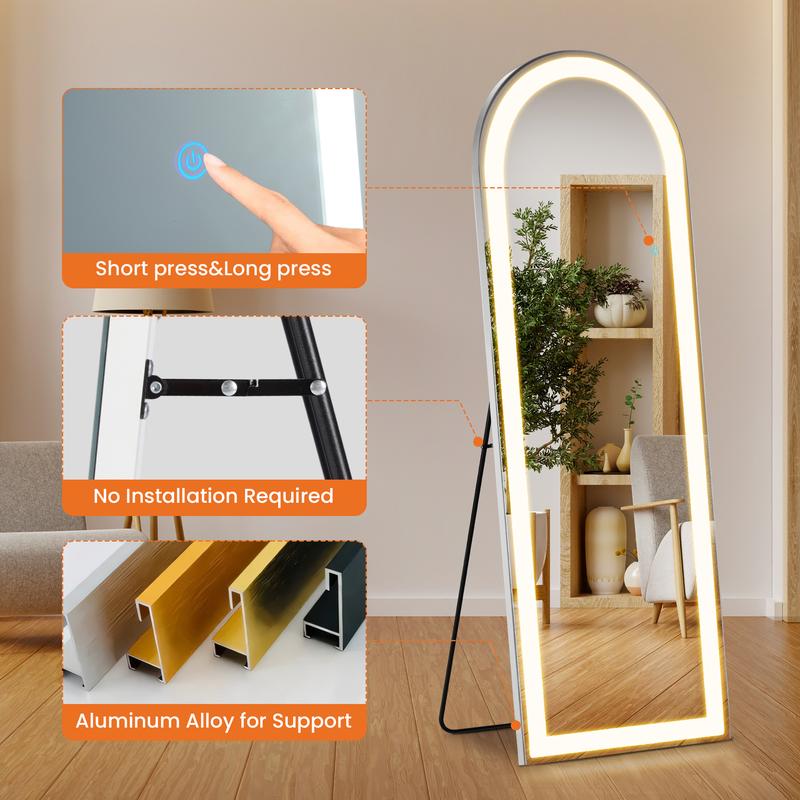 Sweet Furniture Mirror Full Length Standing Mirror with LED Lights, Lighted Floor Mirror with Stand, w Dimming & 3 Color Lighting, Wall Mirror Full Length Aluminum Alloy Thin Frame