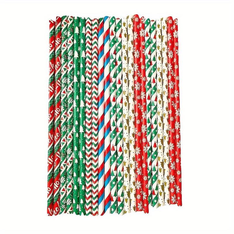 Disposable Paper Straws, 25 100pcs Random Color Christmas Themed Party Straws, Party Supplies for Home Kitchen Picnic Wedding