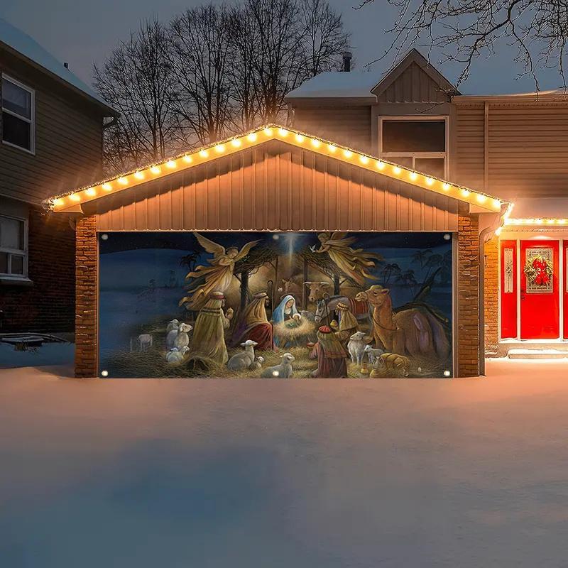 Christmas Themed Garage Door Cover,  1 Count Windproof and Snowproof Garage Door Banner, Outdoor Holiday Decoration for Home Garden Yard