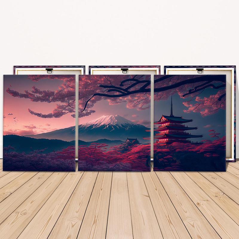 Wooden Framed Canvas Painting, 3 Counts set Japanese Style Scenery Canvas Poster, Modern Art Wall Decoration, Home Canvas Art Wall Decor, Wall Art Painting  Room Decor