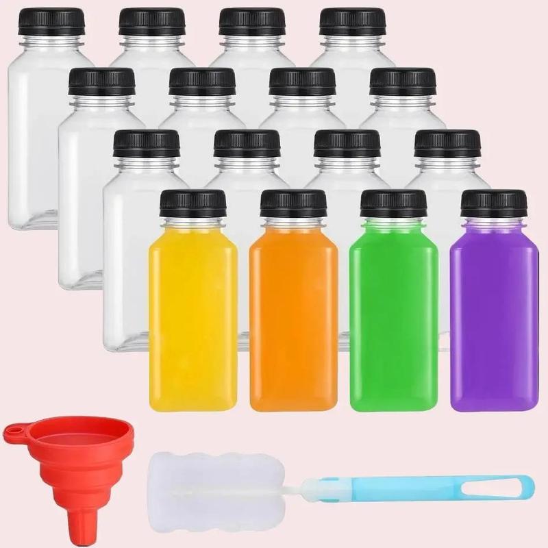 16Pcs 8oz Plastic Empty Juice Bottles with Lids, Reusable with Funnel and Brush, Clear Containers with Black Tamper Evident Caps