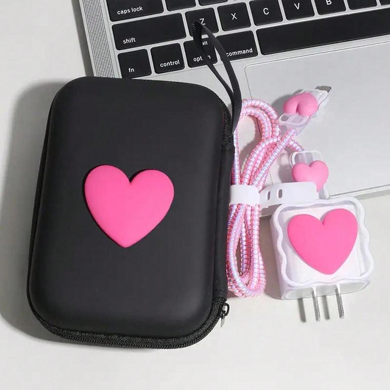 Heart Shaped Data Cable Storage Bag & Data Cable Protector Set, Storage Bag & Anti-breaking Data Cable & Charger Protector Set