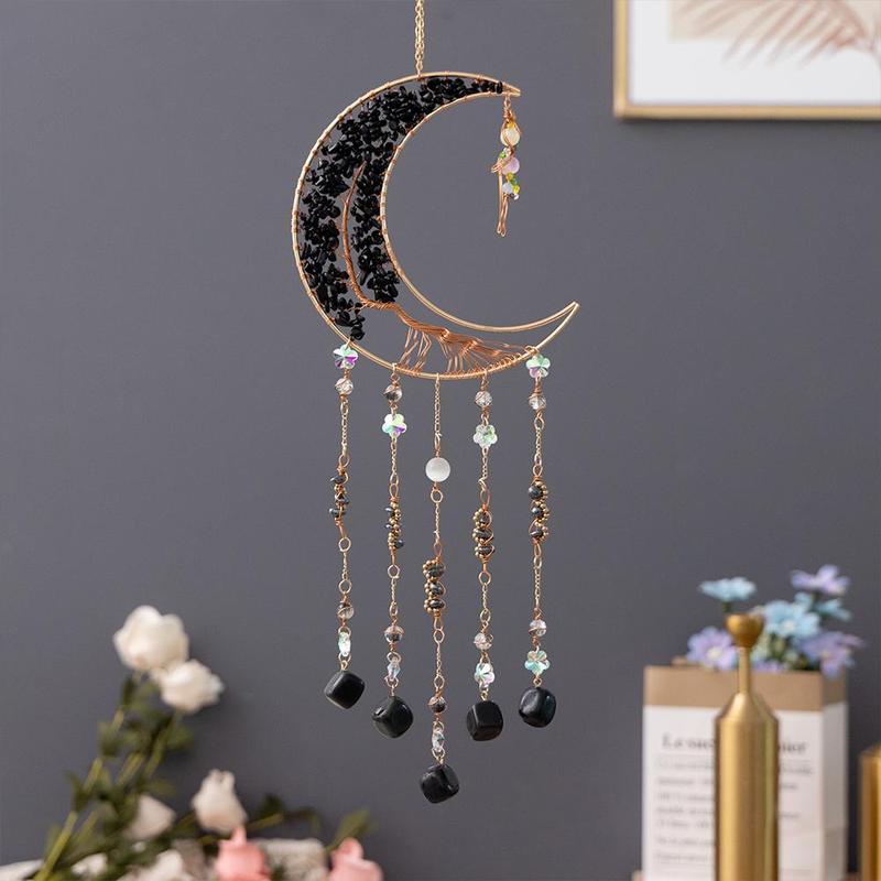 Moon & Tree Of Life Design Dream Catcher, 1 Count Boho Style Hanging Dream Catcher with Crystal Pendant, Handmade Stone Artwork for Bedroom  Living Room Dormitory Office Decor