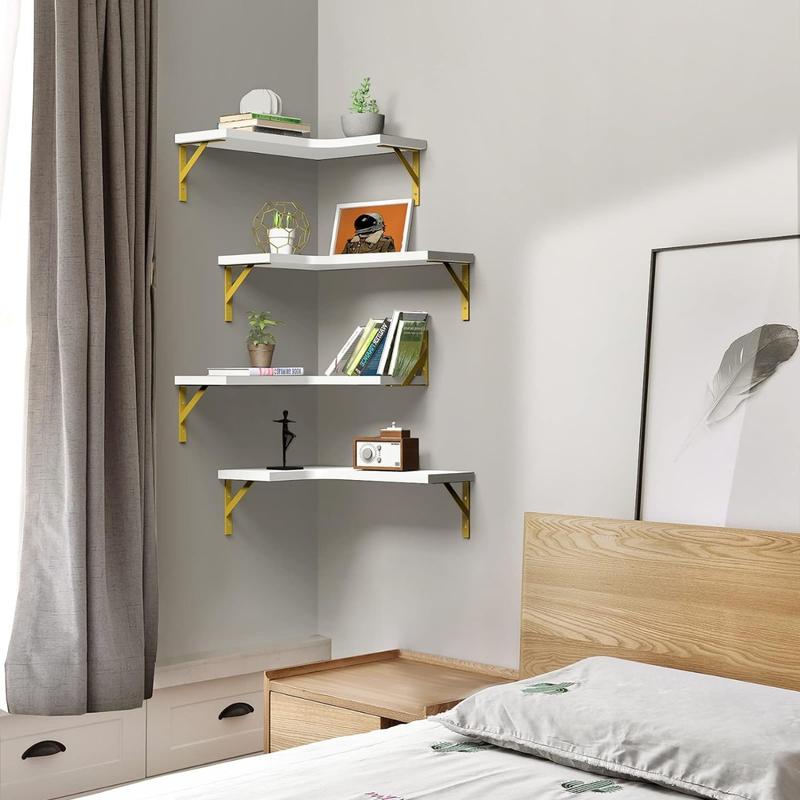 Floating Corner Shelves for Wall Décor Storage, Wall Shelves Set of 4, Wall Mounted Wood Shelves for Home Decor, Bedroom, Living Room, Bathroom, Kitchen, Office (White)…