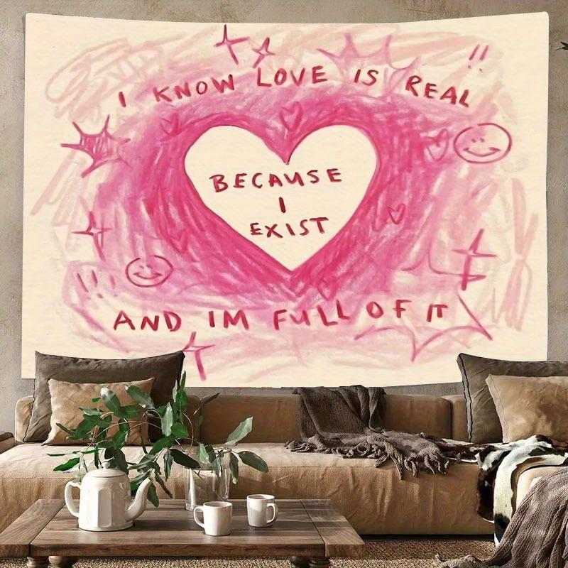 Heartfelt Love Quote Tapestry, Inspirational Pink Polyester Wall Art, Wall Hanging Decor for Living Room, Dorm Decor, Home Decor