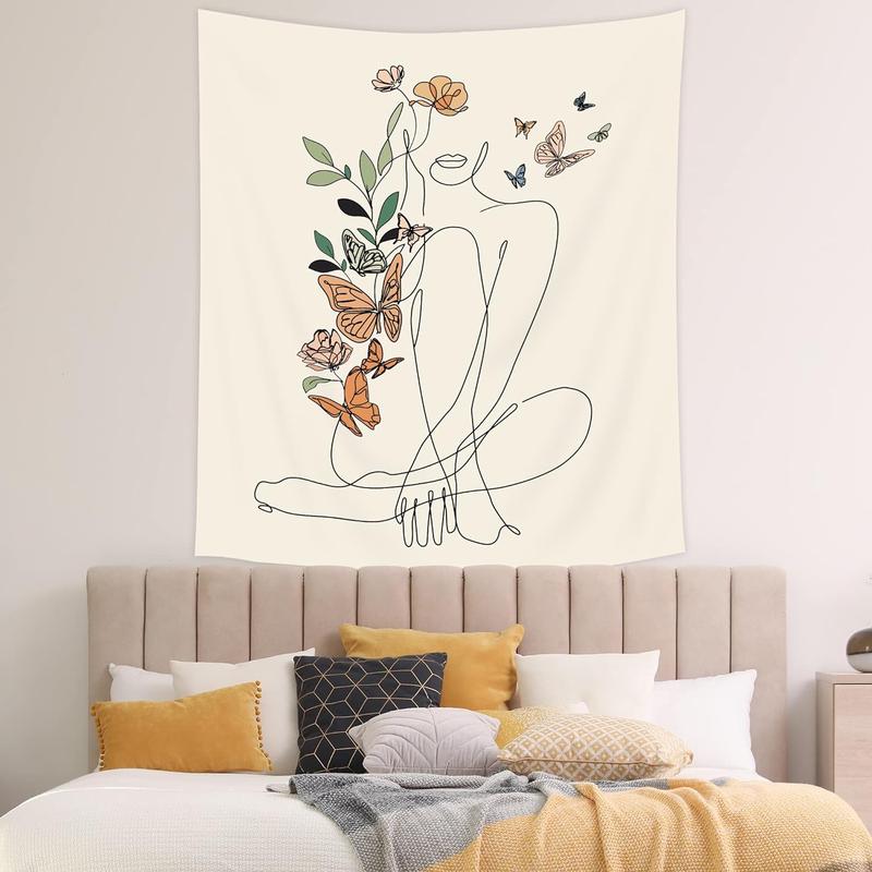 Abstract Woman Butterfly Fabric Wall Hanging Tapestry 51Wx59H Inch Minimalist Modern Flower Plant Mid Century Terracotta Aesthetic Portrait Beige Home Decor Art for Living Room Bedroom Dorm