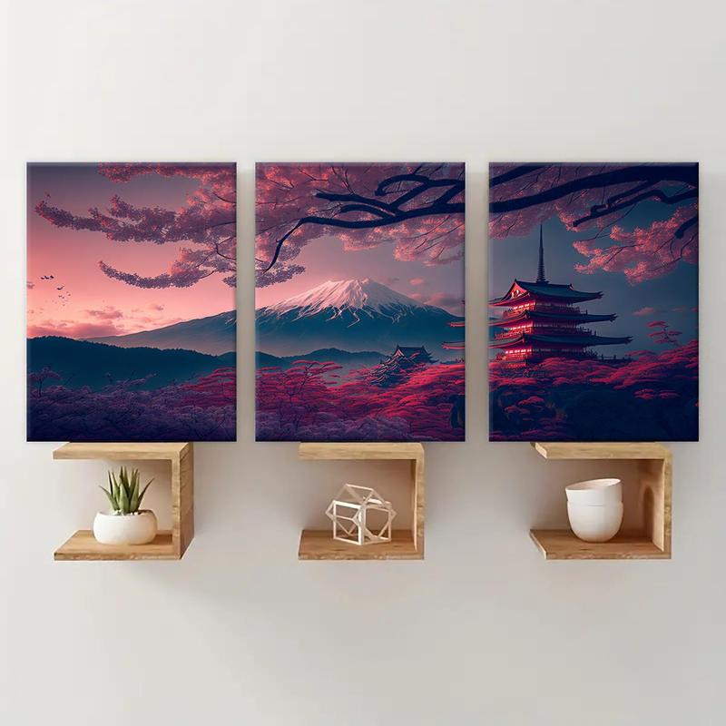 Wooden Framed Canvas Painting, 3 Counts set Japanese Style Scenery Canvas Poster, Modern Art Wall Decoration, Home Canvas Art Wall Decor, Wall Art Painting  Room Decor