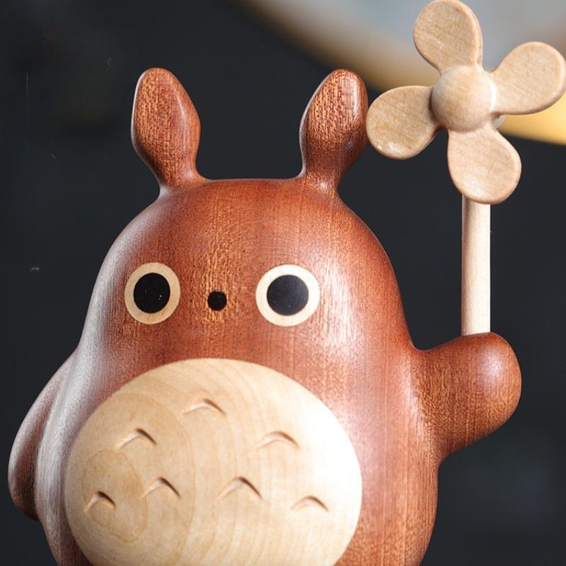 Wooden Totoro Design Windmill Ornament, 1 Count Cute Cartoon Desktop Decoration Statue, Home Decor for Living Room Bedroom Office