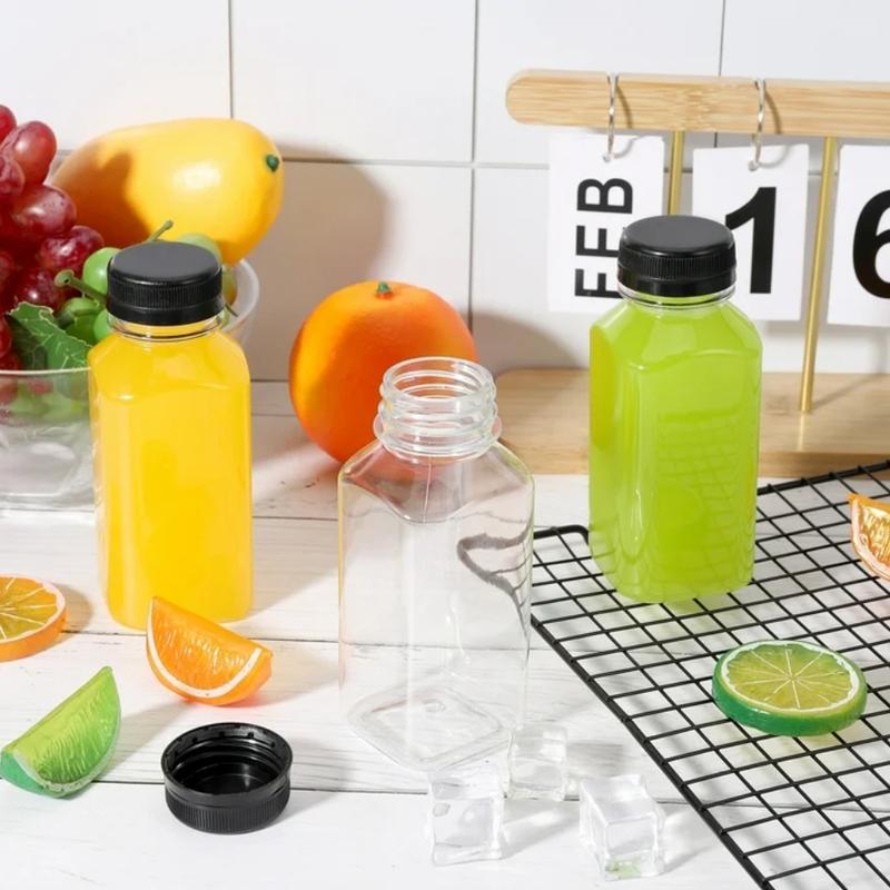 16Pcs 8oz Plastic Empty Juice Bottles with Lids, Reusable with Funnel and Brush, Clear Containers with Black Tamper Evident Caps