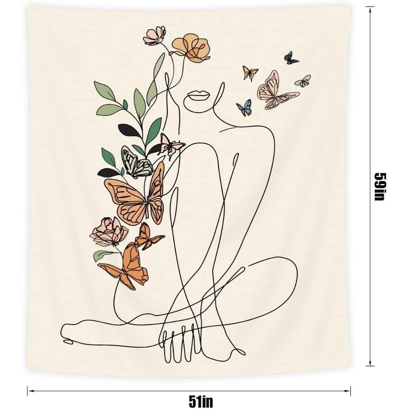 Abstract Woman Butterfly Fabric Wall Hanging Tapestry 51Wx59H Inch Minimalist Modern Flower Plant Mid Century Terracotta Aesthetic Portrait Beige Home Decor Art for Living Room Bedroom Dorm