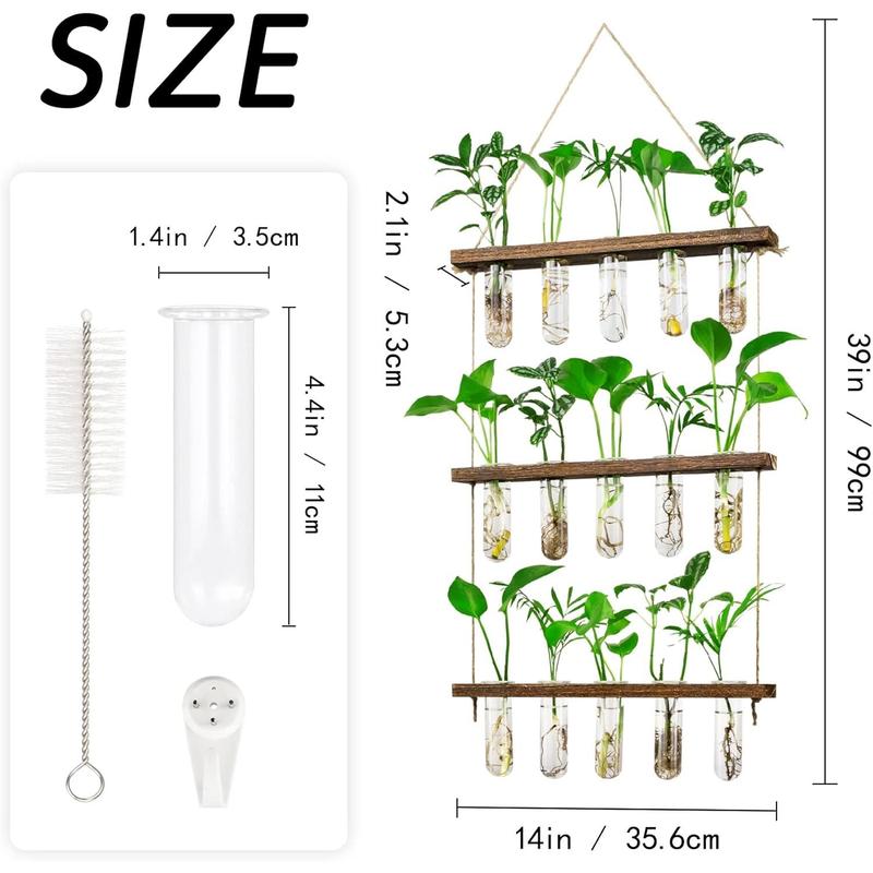 3 Tier Large Propagation Stations Wall Hanging  Terrarium with Wooden Stand, Retro Propagation Test Tube for Hydroponic   Flower, Propagator Home Office Patio Decor Gifts