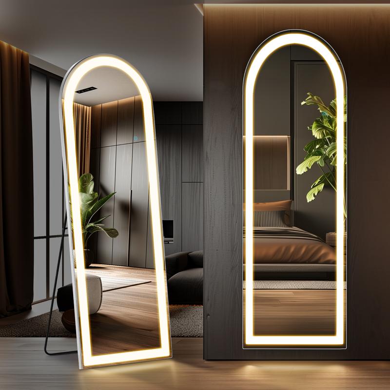 Sweet Furniture Mirror Full Length Standing Mirror with LED Lights, Lighted Floor Mirror with Stand, w Dimming & 3 Color Lighting, Wall Mirror Full Length Aluminum Alloy Thin Frame