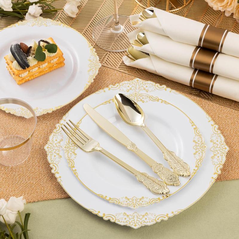 350 count  Plastic Plates for 50 Guests, Disposable Dinnerware Sets Include 100  Rim Plastic Plates, 50 Silverware, 50 Pre Rolled Napkins for Party, Wedding & Decor