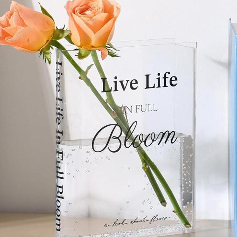 Acrylic Transparent Book Shaped Vase, Letter Pattern Clear Vase, Desktop Decorative Flower Arrangement Vase, Home Decor Ornament