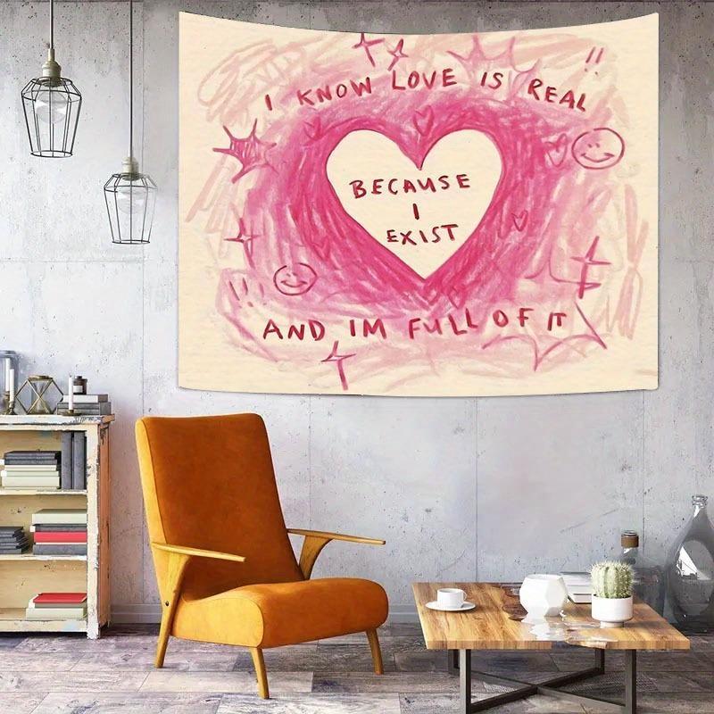 Heartfelt Love Quote Tapestry, Inspirational Pink Polyester Wall Art, Wall Hanging Decor for Living Room, Dorm Decor, Home Decor