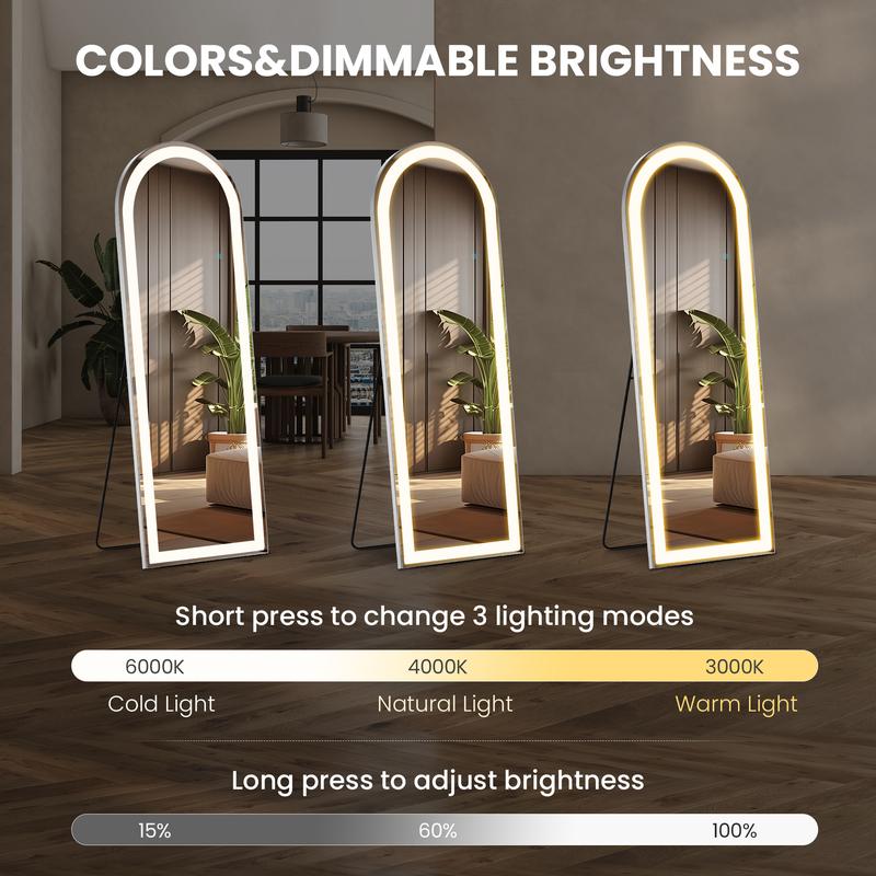 Sweet Furniture Mirror Full Length Standing Mirror with LED Lights, Lighted Floor Mirror with Stand, w Dimming & 3 Color Lighting, Wall Mirror Full Length Aluminum Alloy Thin Frame