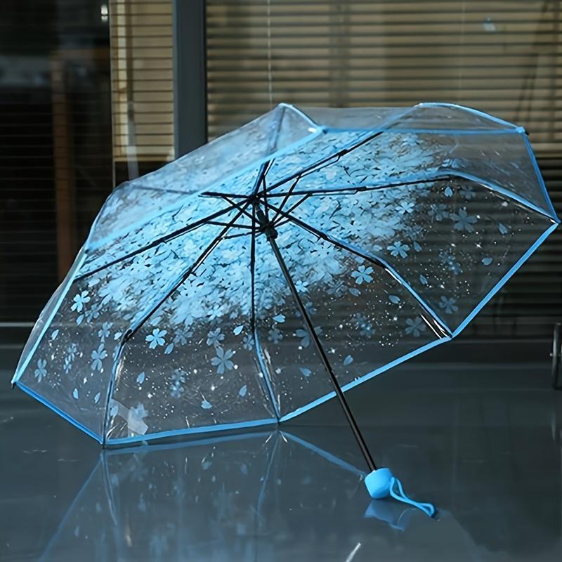 Summer Stuff Clear Cherry Blossom Pattern Foldable Umbrella, 1 Count Portable Waterproof Umbrella, Durable Umbrella For Outdoor Activities