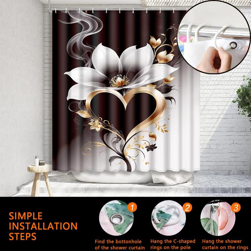 Floral Pattern Bathroom Curtain, 1 Count Waterproof Shower Curtain with 12pcs Hooks & 1 Count Random Color Strap, Bathroom Decor Supplies for Home Hotel