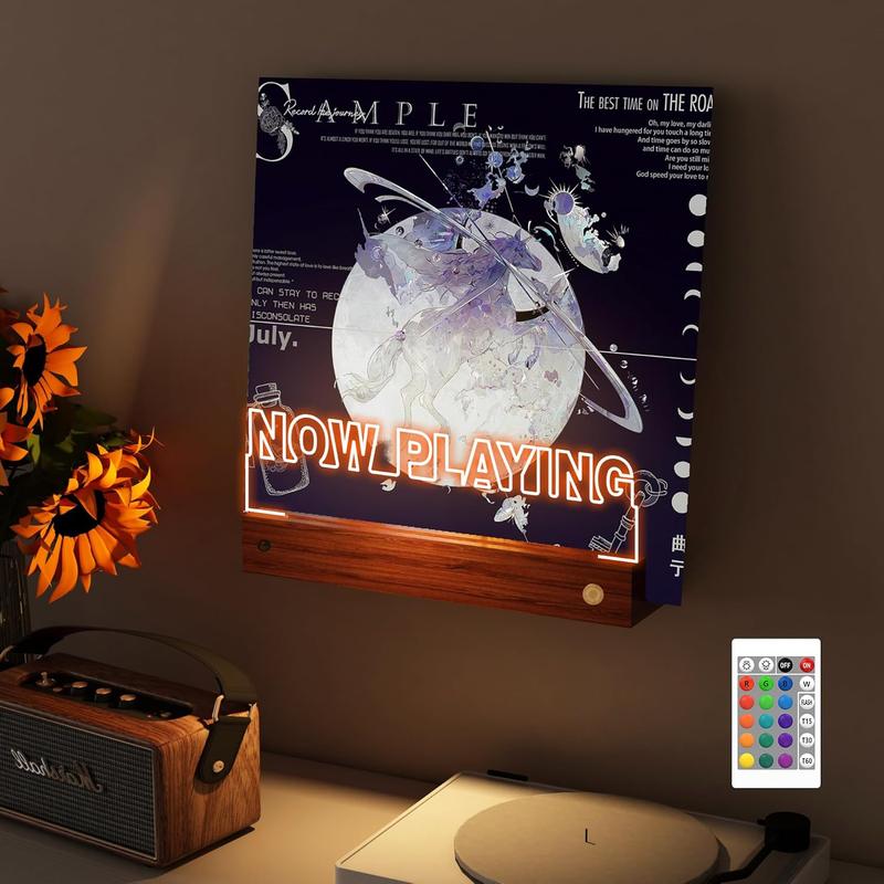 Light up Now Playing Vinyl Record Stand Wall Mount, Now Spinning Record Player Stand, Wooden  Holder for Vinyl Album Display and Storage with 16 Changing Color Lights