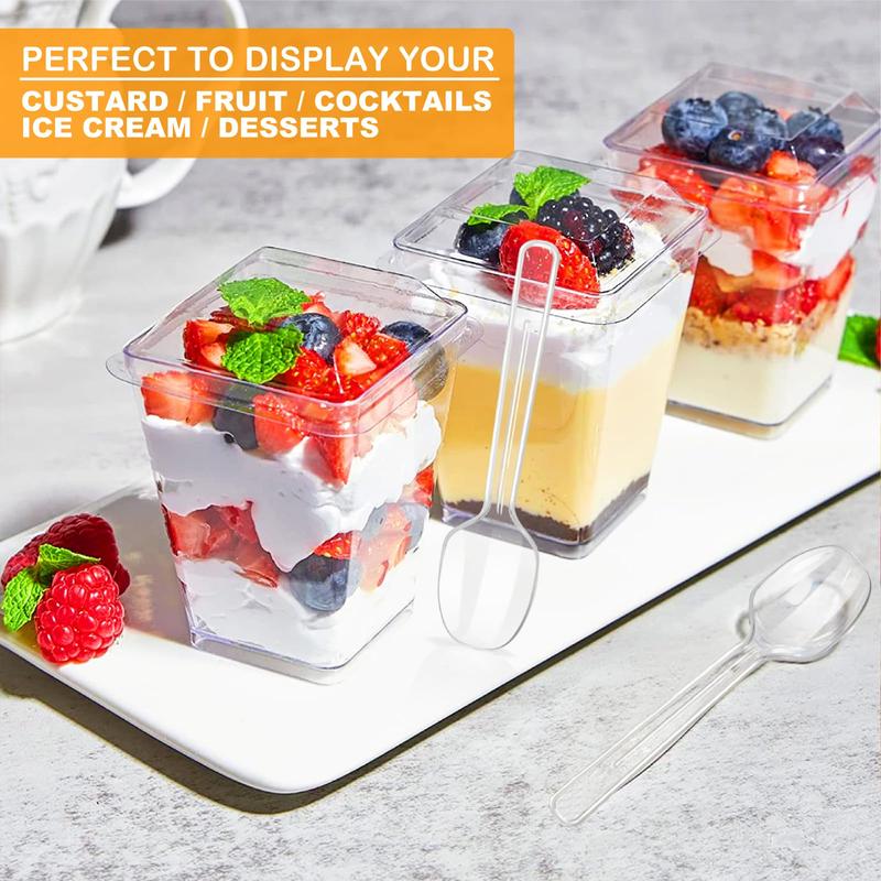 5oz Plastic Dessert Cups with Lids and Spoons, Clear Yogurt Parfait , Mini Dessert Cups with Spoons, Small Square Appetizer Cups for Fruit Party cup