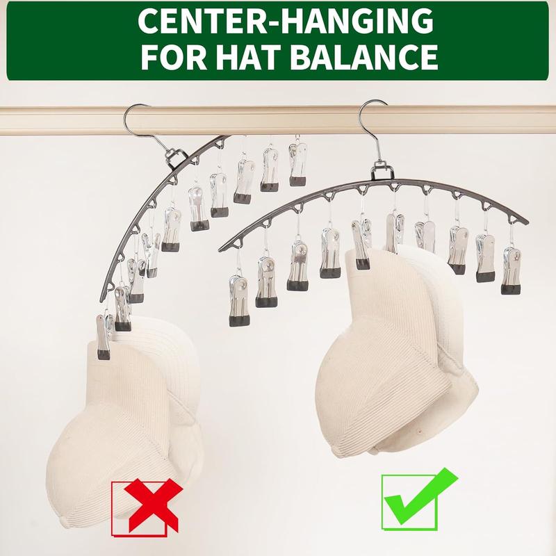 A Hat Hanger in a closet, a rack with 20 clips, a clothes hanger, Hanging