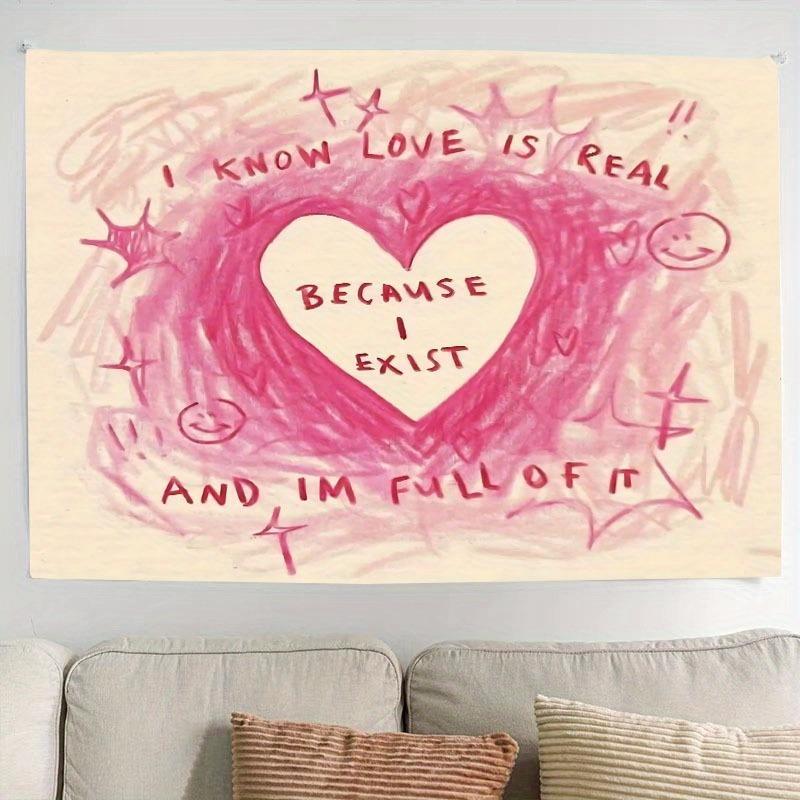 Heartfelt Love Quote Tapestry, Inspirational Pink Polyester Wall Art, Wall Hanging Decor for Living Room, Dorm Decor, Home Decor