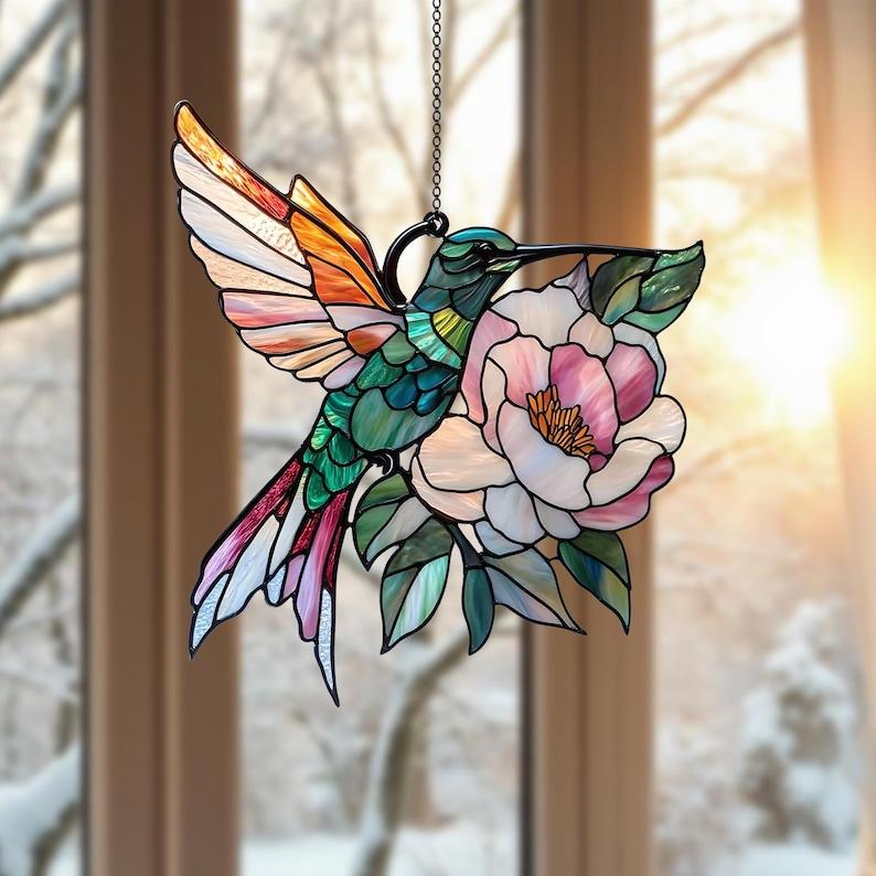 Hummingbird and peony flower ACRYLIC Ornament, Hummingbirds and Flowers Ornament Home Decor