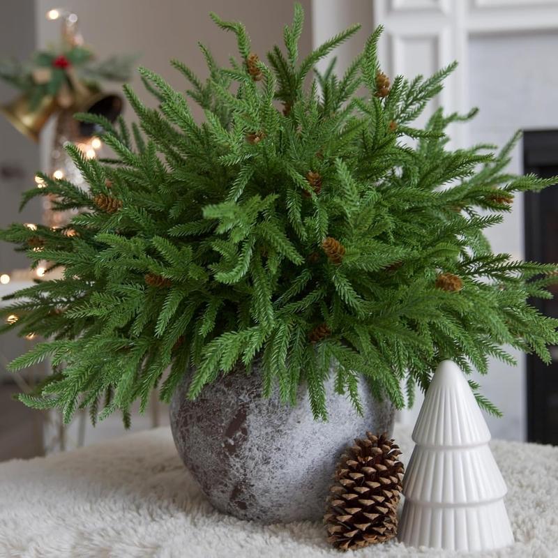 Artificial Christmas Norfolk Pine Stems Branches for Vases, 12 Bundles Fake Faux Evergreen Green Real Feel Touch Stem Greenery with Pine Cones for Xmas Holiday Winter Table Indoor Decoration