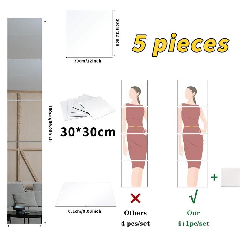 Acrylic Square Mirror Wall Sticker, 5 Counts Removable Self Adhesive Home Decor Full Body Mirror Wall Decal, Decorative Mirror Sticker for Living Room Bedroom