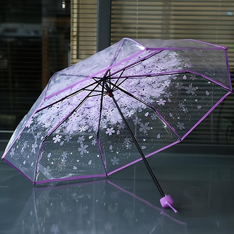 Summer Stuff Clear Cherry Blossom Pattern Foldable Umbrella, 1 Count Portable Waterproof Umbrella, Durable Umbrella For Outdoor Activities