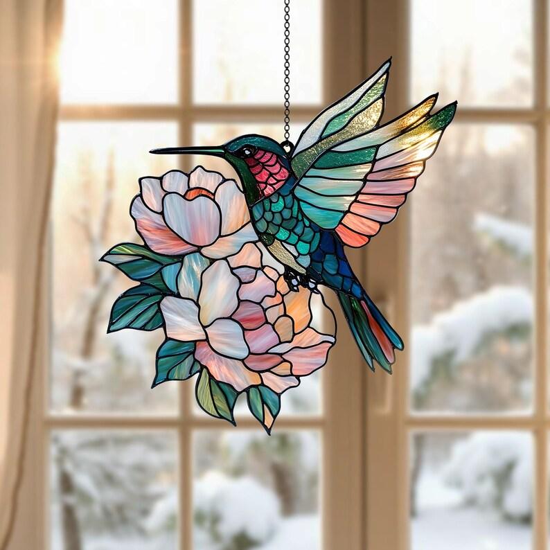 Hummingbird and peony flower ACRYLIC Ornament, Hummingbirds and Flowers Ornament Home Decor